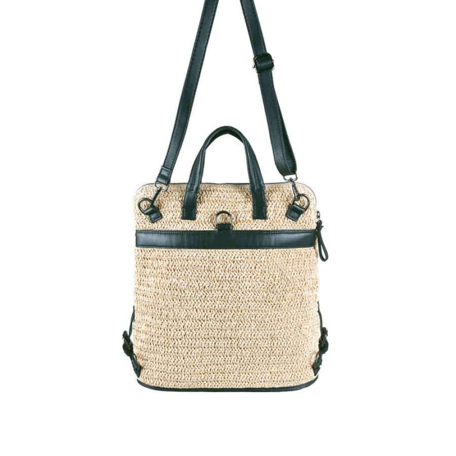 SEABREEZE BACKPACK GREY – nachhaltiger Rucksack aus Natur-Raffiabast und Leder